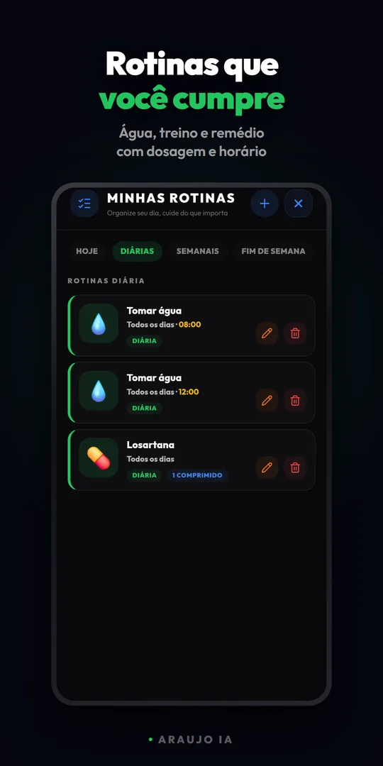 Tela de rotinas diárias