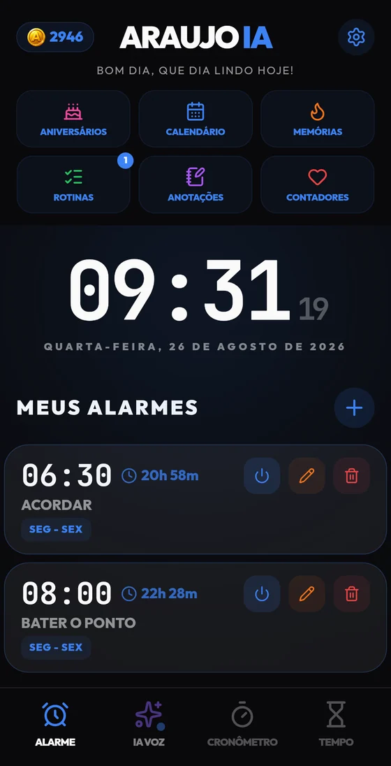 Tela inicial do Araujo IA com relógio e lista de alarmes