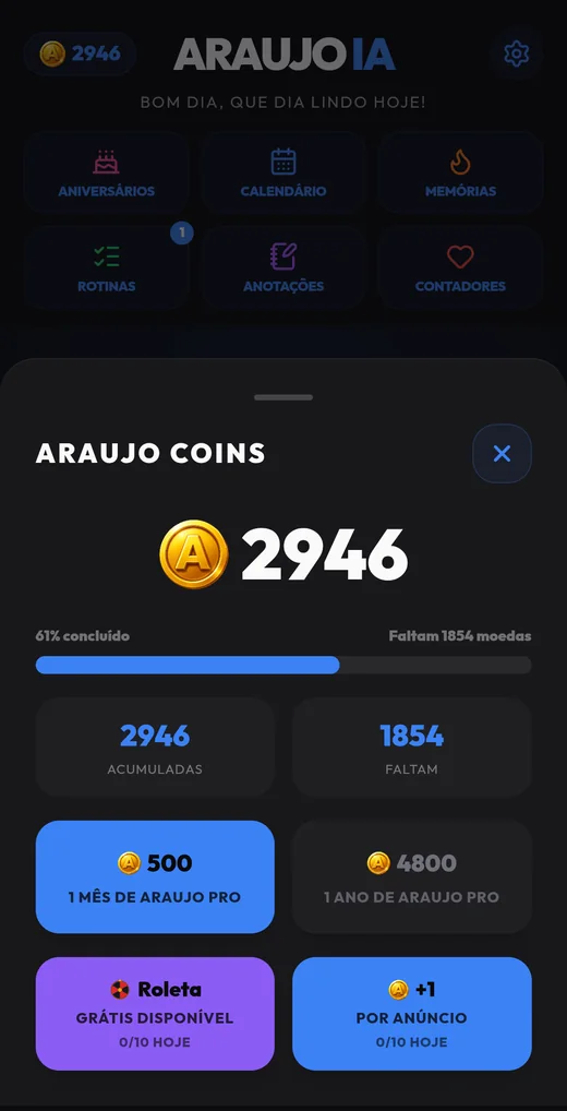 Tela do Araujo Coins mostrando o saldo e as opções de troca