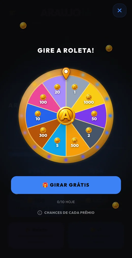 Roleta do app com prêmios de 1 a 1000 moedas